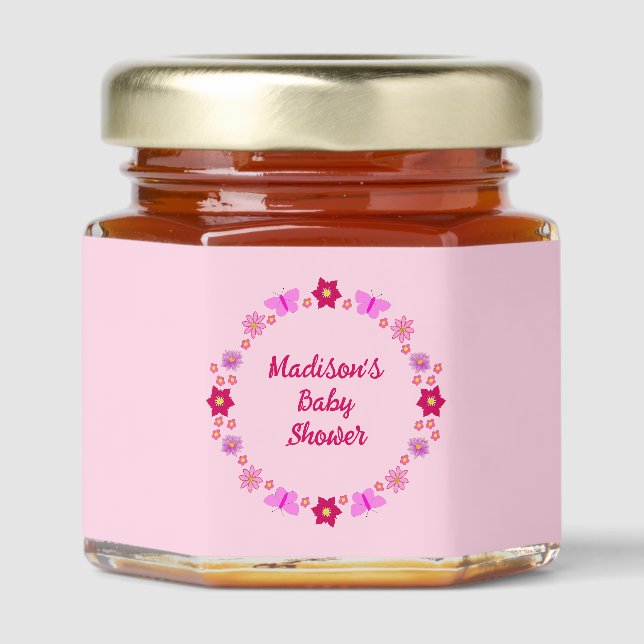 Pink Baby Girl Butterflies and Flowers Baby Shower Honey Jar Favors (Front)