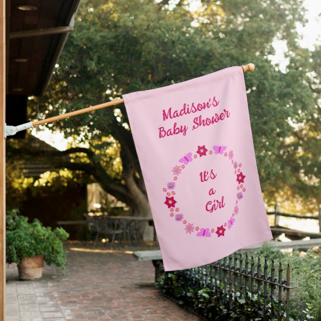 Pink Baby Girl Butterflies and Flowers Baby Shower House Flag (In SItu)