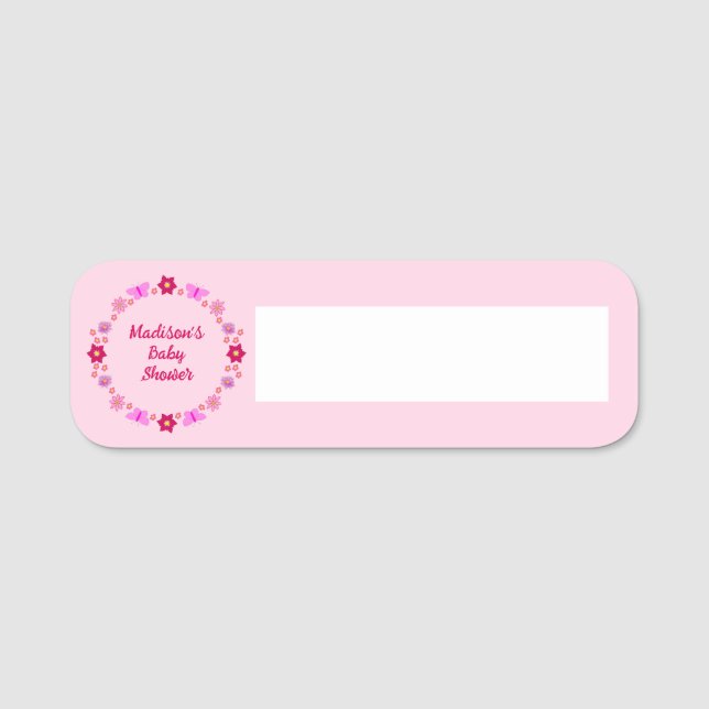 Pink Baby Girl Butterflies and Flowers Baby Shower Name Tag (Front)