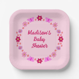 Pink Baby Girl Butterflies and Flowers Baby Shower Paper Plates