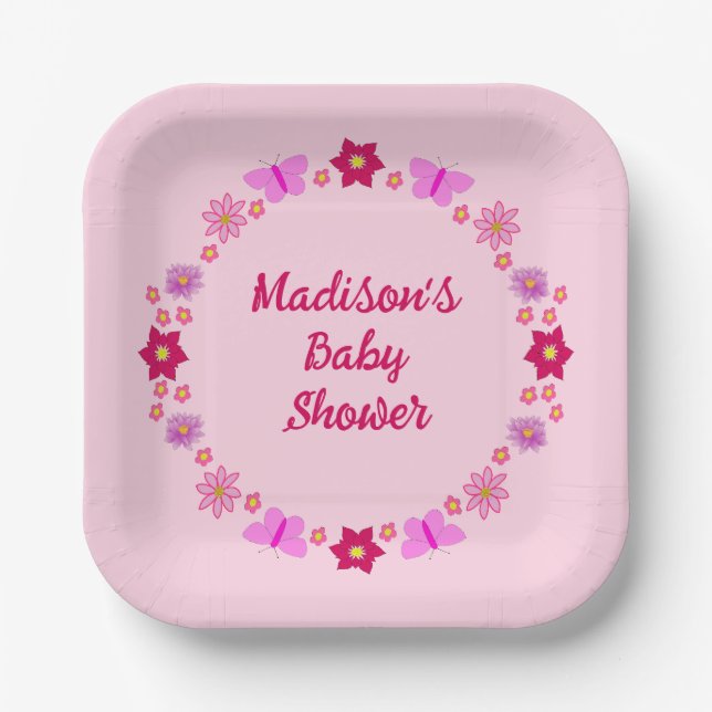 Pink Baby Girl Butterflies and Flowers Baby Shower Paper Plates (Front)