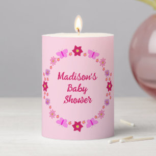 Pink Baby Girl Butterflies and Flowers Baby Shower Pillar Candle