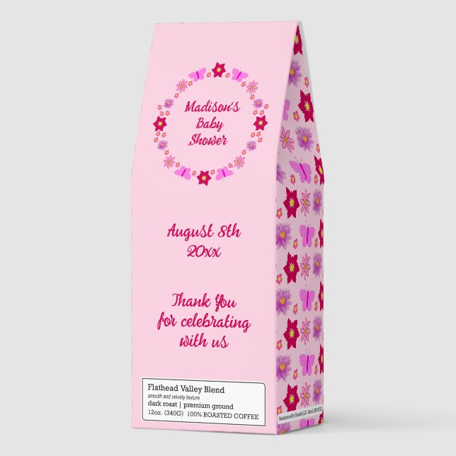Pink Baby Girl Butterflies and Flowers Baby Shower Roasted Coffee (Front)