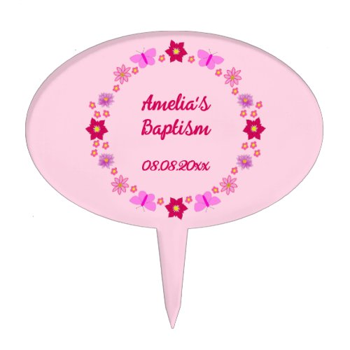 Pink Baby Girl Butterflies and Flowers Baptism Cake Topper