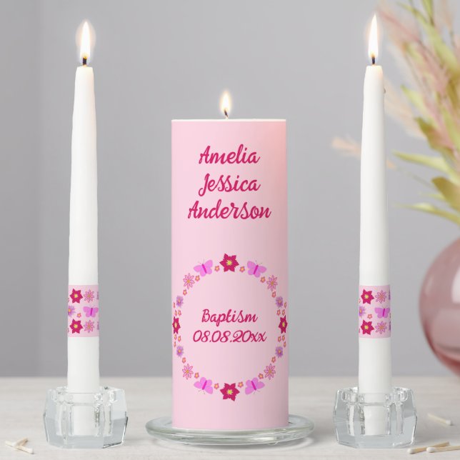 Pink Baby Girl Butterflies and Flowers Baptism Unity Candle Set (In Situ)