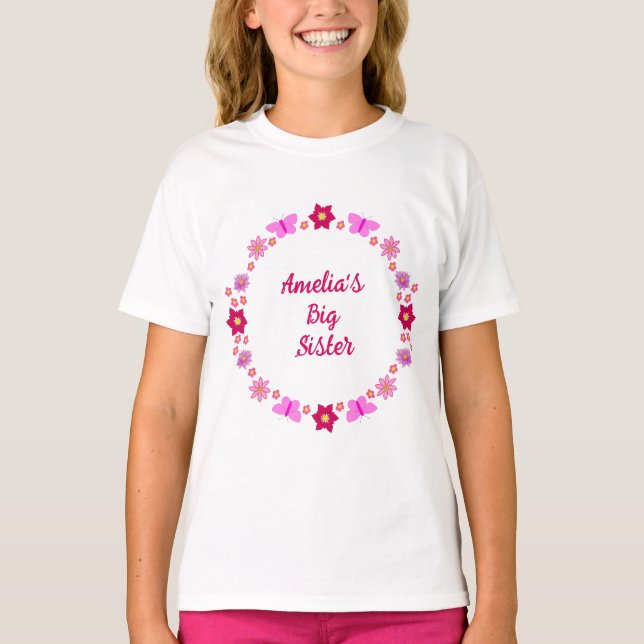 Pink Baby Girl Butterflies and Flowers Big Sister T-Shirt (Front)