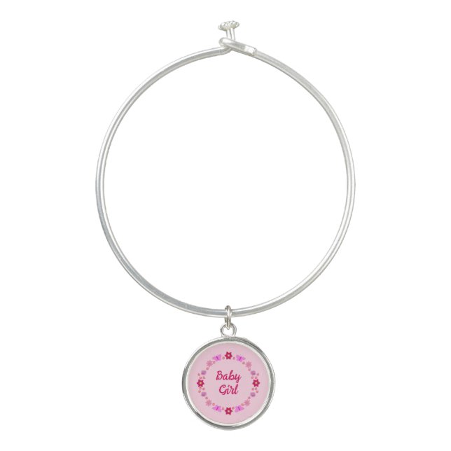 Pink Baby Girl Butterflies and Flowers Custom Bangle Bracelet (Front)