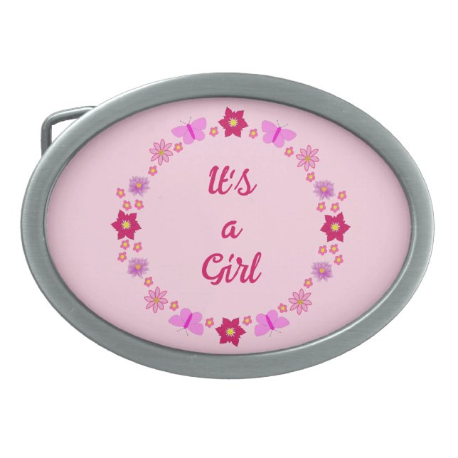Pink Baby Girl Butterflies and Flowers Custom Belt Buckle (Front)