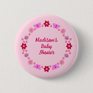 Pink Baby Girl Butterflies and Flowers Custom Button
