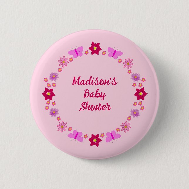 Pink Baby Girl Butterflies and Flowers Custom Button (Front)