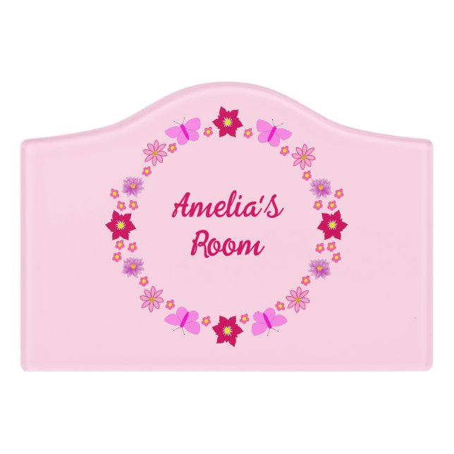 Pink Baby Girl Butterflies and Flowers Custom Door Sign (Small Crest Front)