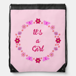 Pink Baby Girl Butterflies and Flowers Custom Drawstring Bag