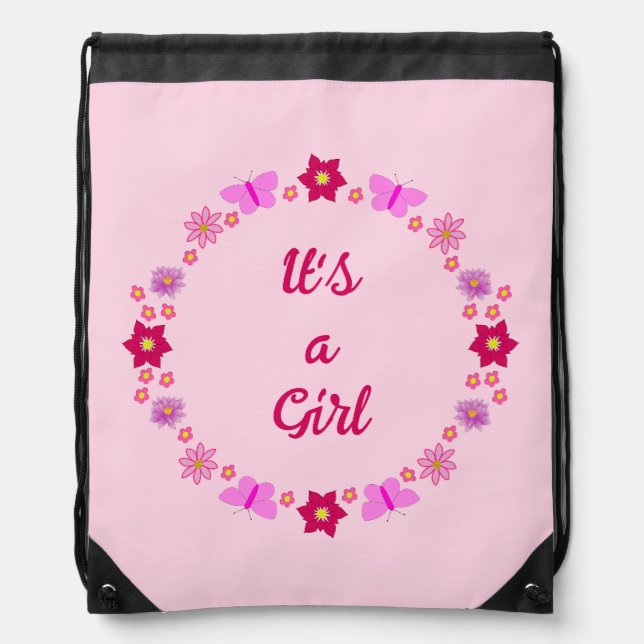 Pink Baby Girl Butterflies and Flowers Custom Drawstring Bag (Front)
