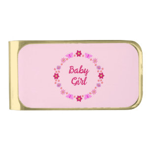 Pink Baby Girl Butterflies and Flowers Custom Gold Finish Money Clip