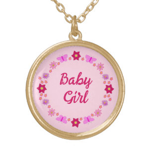 Pink Baby Girl Butterflies and Flowers Custom Gold Plated Necklace