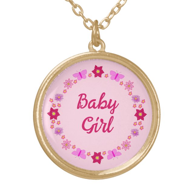 Pink Baby Girl Butterflies and Flowers Custom Gold Plated Necklace (Front)