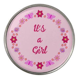 Pink Baby Girl Butterflies and Flowers Custom Golf Ball Marker