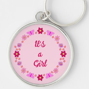 Pink Baby Girl Butterflies and Flowers Custom Keychain