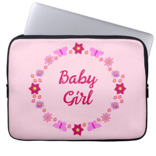 Pink Baby Girl Butterflies and Flowers Custom Laptop Sleeve