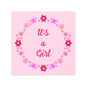 Pink Baby Girl Butterflies and Flowers Custom Metal Print