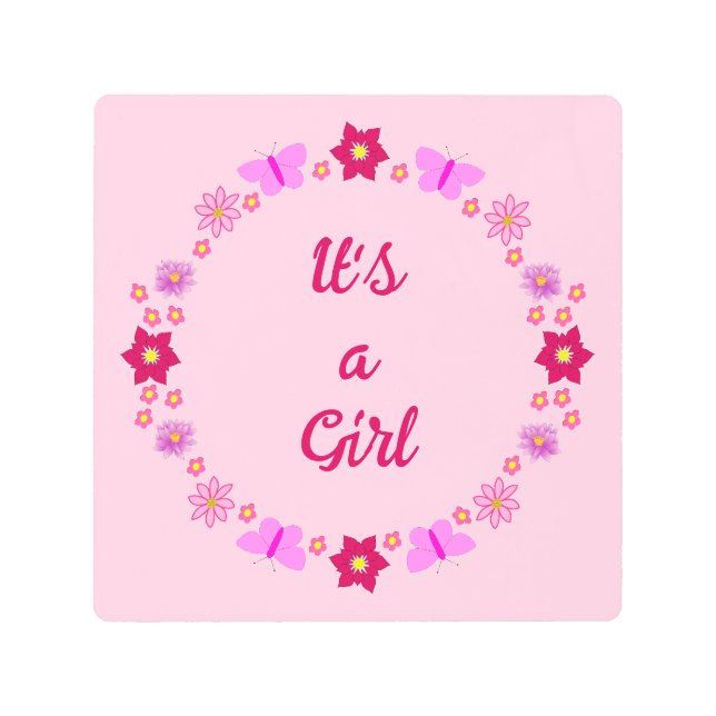 Pink Baby Girl Butterflies and Flowers  Custom Metal Print (Front)