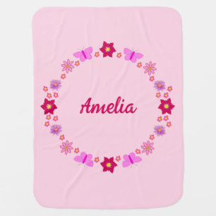 Pink Baby Girl Butterflies and Flowers Custom Name Baby Blanket