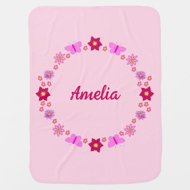 Pink Baby Girl Butterflies and Flowers Custom Name Baby Blanket (Front)