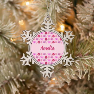Pink Baby Girl Butterflies and Flowers Custom Name Snowflake Pewter Christmas Ornament