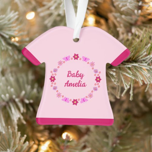 Pink Baby Girl Butterflies and Flowers Custom Ornament