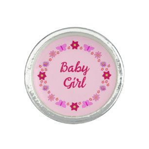 Pink Baby Girl Butterflies and Flowers Custom Ring