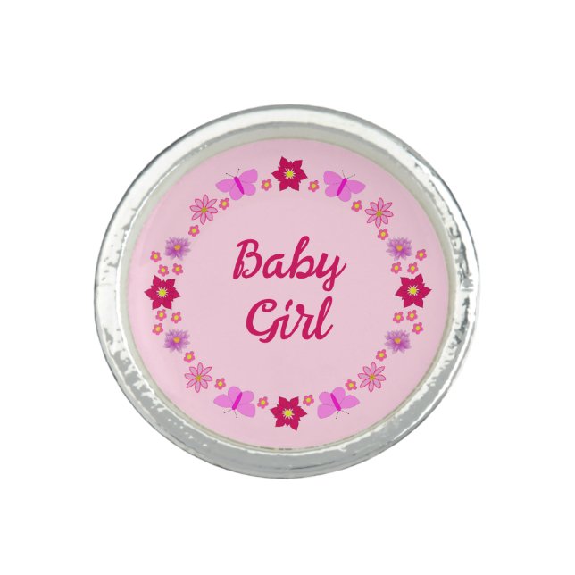 Pink Baby Girl Butterflies and Flowers Custom Ring (Front)