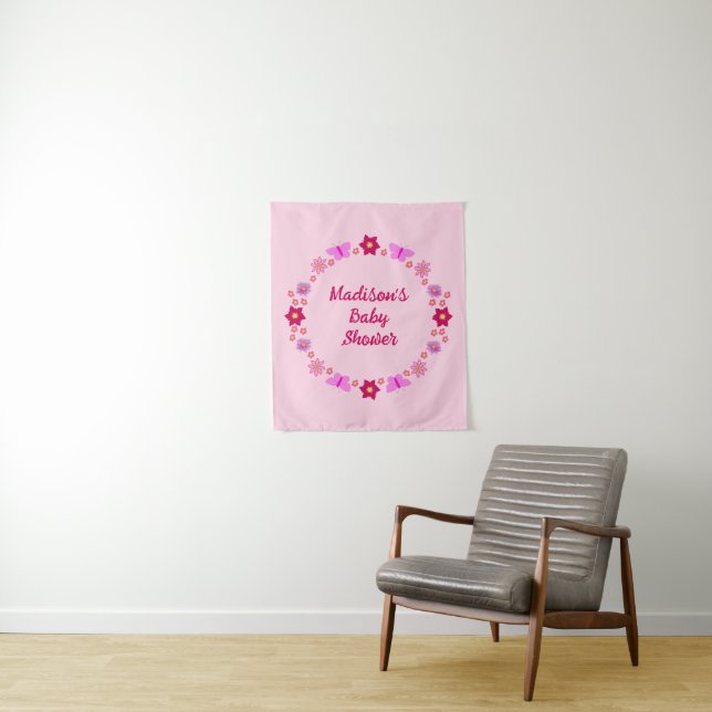 Pink Baby Girl Butterflies and Flowers Custom Tapestry (In Situ)