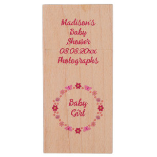 Pink Baby Girl Butterflies and Flowers Custom Wood Flash Drive