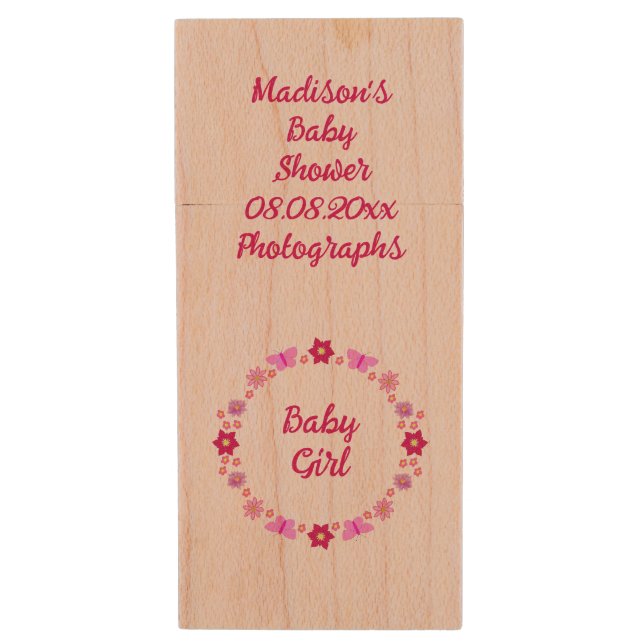 Pink Baby Girl Butterflies and Flowers Custom Wood Flash Drive (Front Vertical)