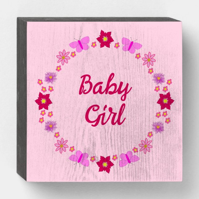 Pink Baby Girl Butterflies and Flowers Custom Wooden Box Sign (Front Horizontal)