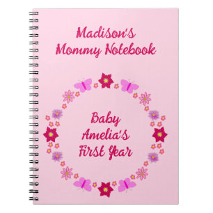 Pink Baby Girl Butterflies and Flowers New Mom Notebook