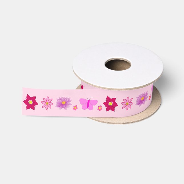 Pink Baby Girl Butterflies and Flowers Patterned Satin Ribbon (Spool)