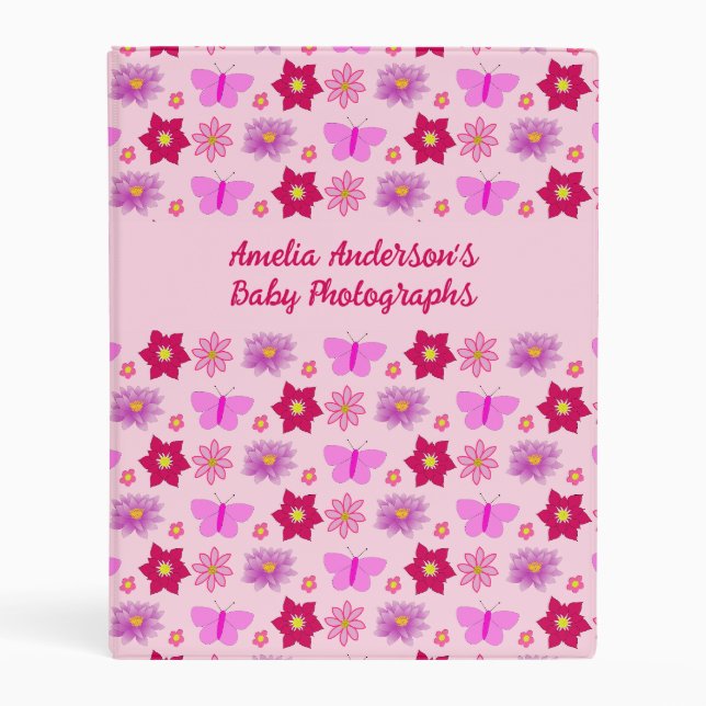 Pink Baby Girl Butterflies and Flowers Photo Album Mini Binder (Front)