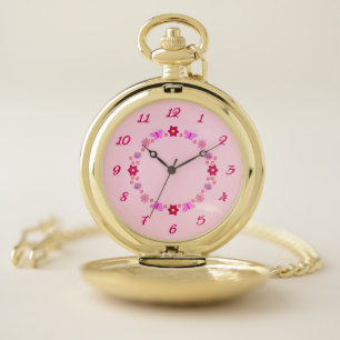 Pink Baby Girl Butterflies and Flowers Pocket Watch
