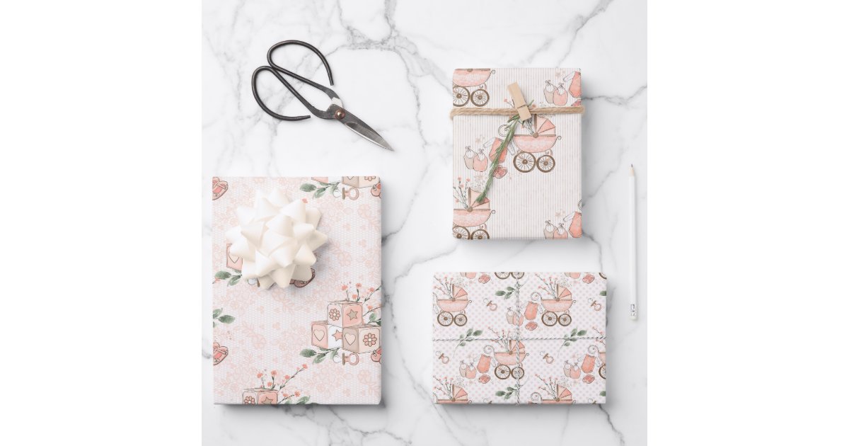 Pink Baby Girl Carriage and Toys Wrapping Paper Sheets