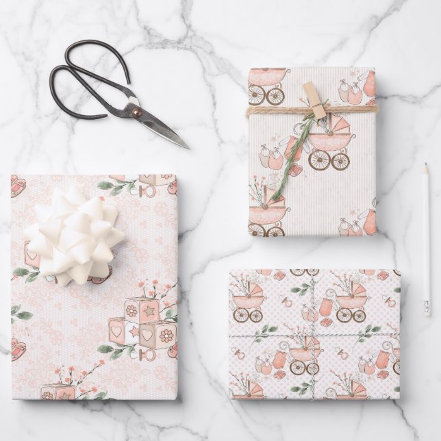 Pink Baby Girl Carriage and Toys   Wrapping Paper Sheets (Front)