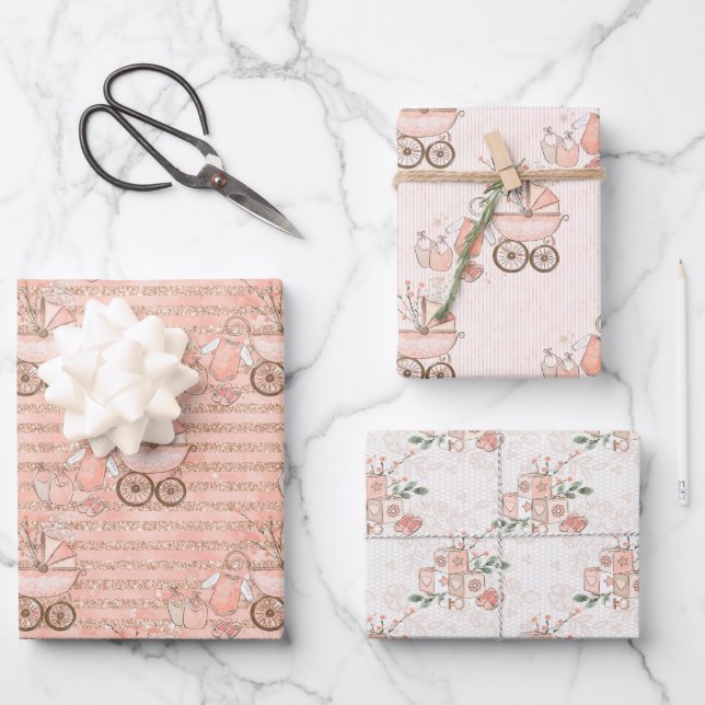Pink Baby Girl Carriage and Toys Wrapping Paper Sheets (Front)