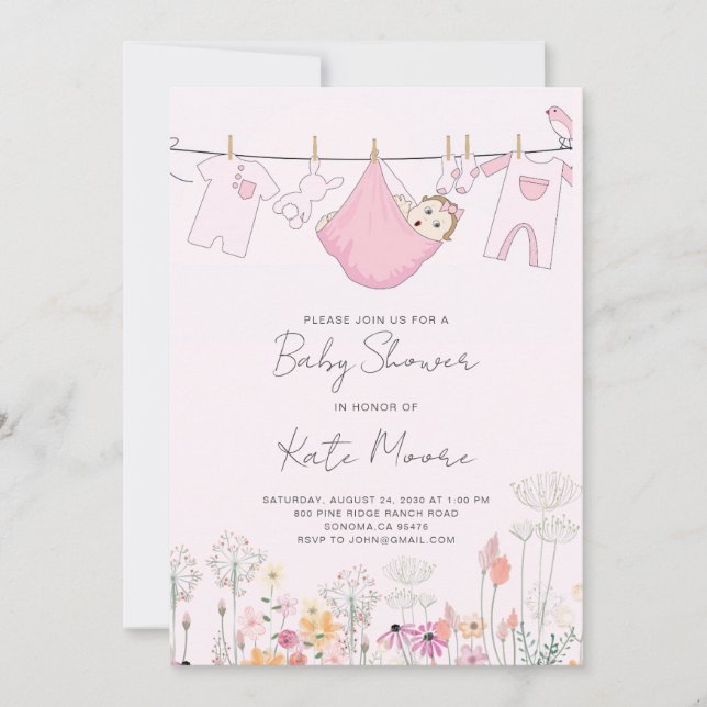 Pink Baby Girl Clotheslin Bundle Shower Invitation (Front)