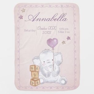 Pink Baby Girl Elephant and Balloon Watercolor Baby Blanket