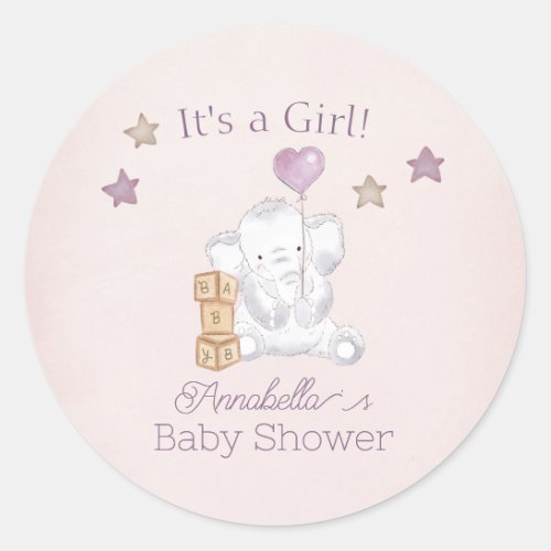Pink Baby Girl Elephant and Balloon Watercolor Classic Round Sticker