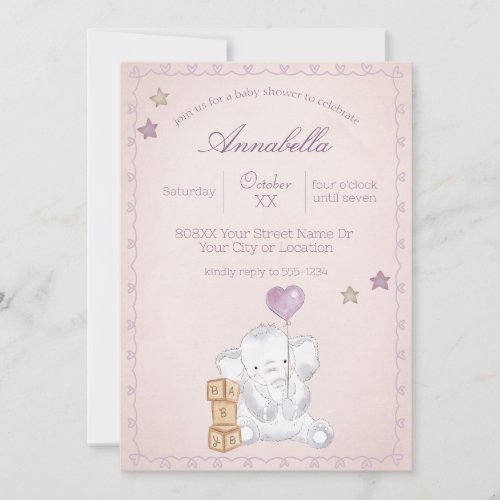 Pink Baby Girl Elephant and Balloon Watercolor on  Invitation