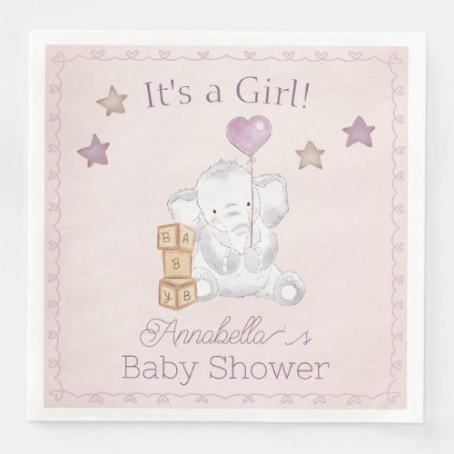 Pink Baby Girl Elephant and Balloon Watercolor Paper Dinner Napkins