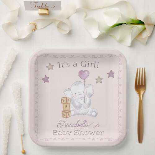 Pink Baby Girl Elephant and Balloon Watercolor Paper Plates