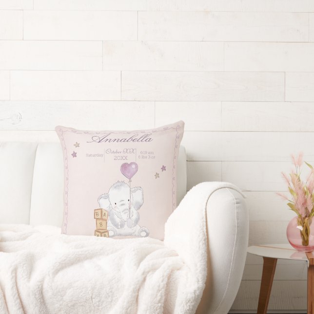 Pink Baby Girl Elephant and Balloon Watercolor Throw Pillow (Couch)