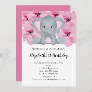 Pink Baby Girl Elephant Flowers Floral Cute Invitation